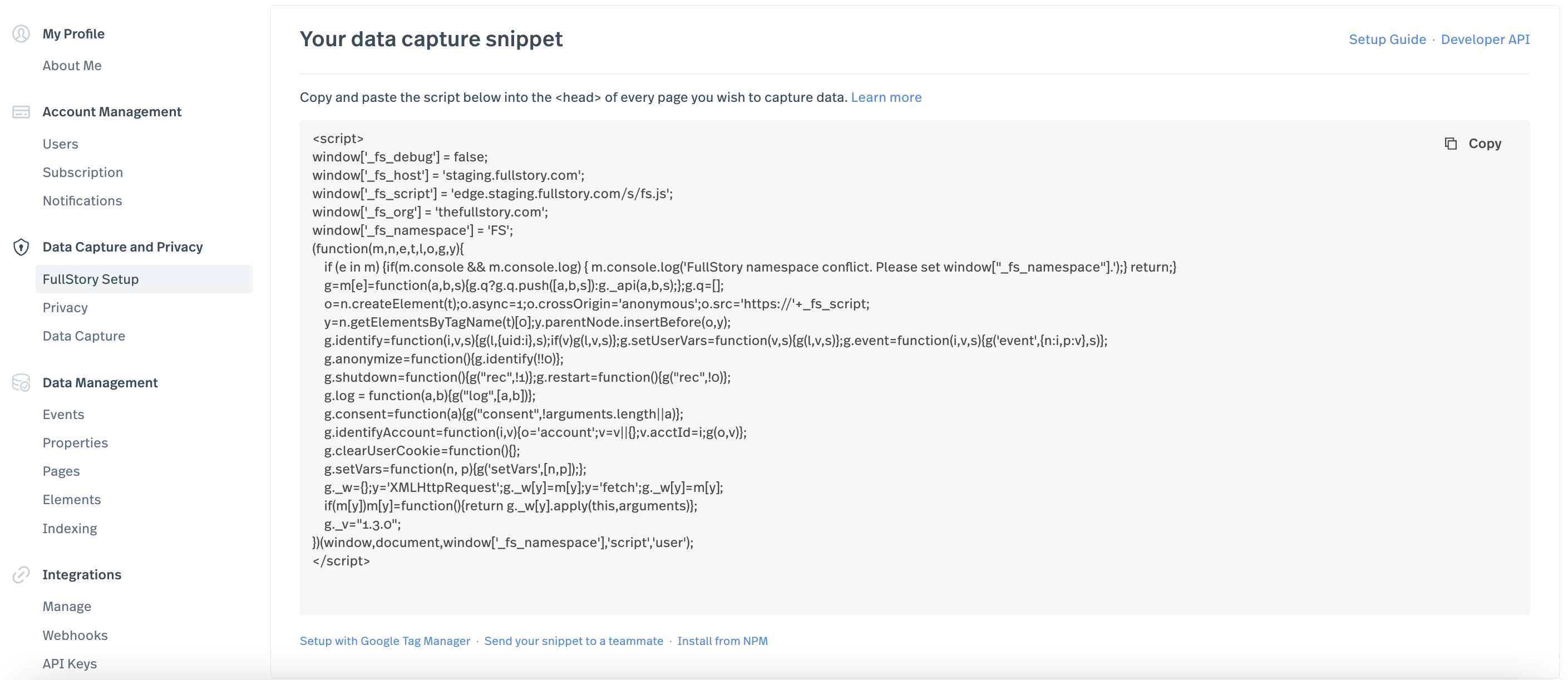 Snippet in Settings